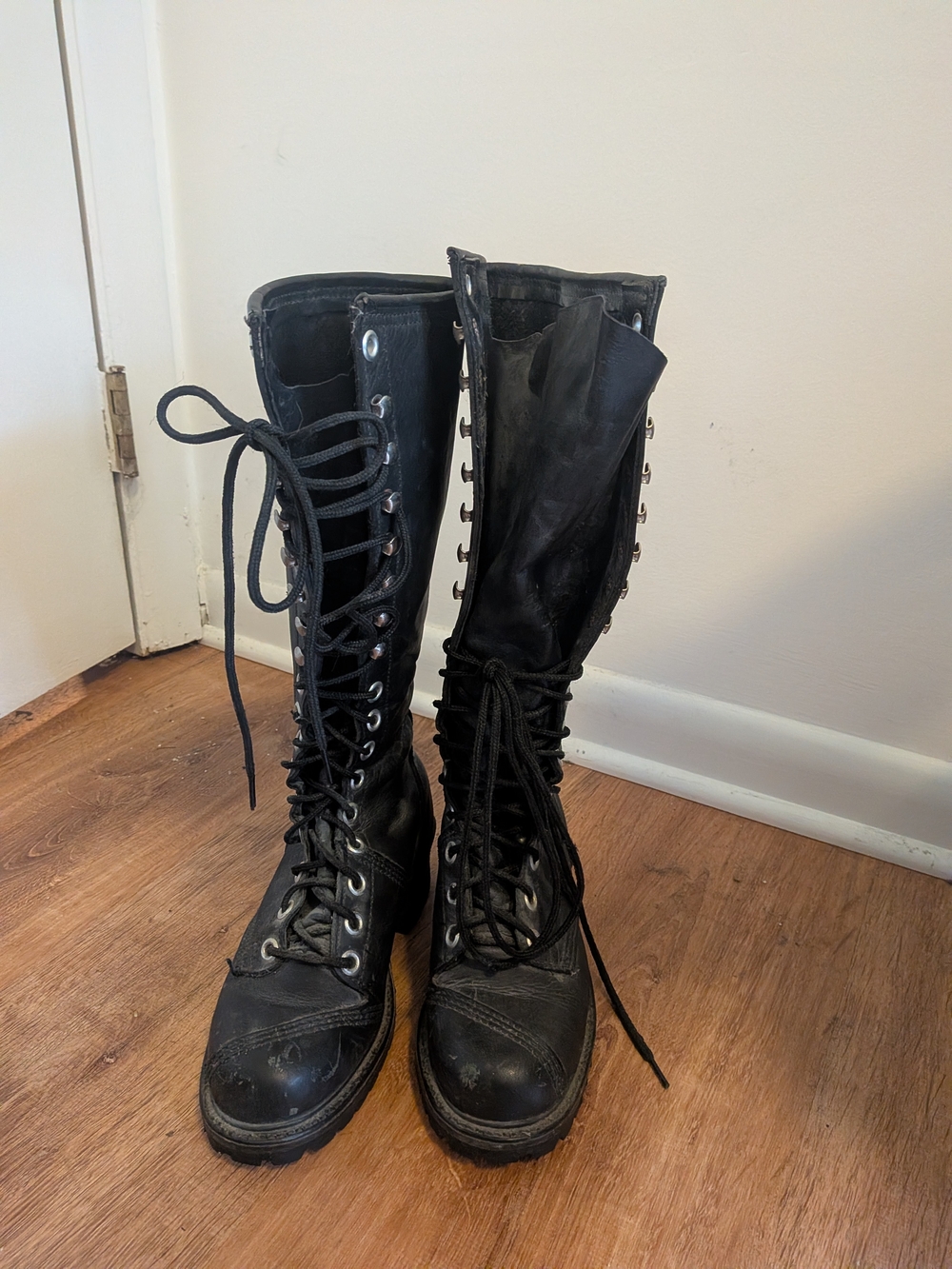 Vintage NaNa Industrial Strength Black Leather Steel Toe Knee-High Lace-Up Boots